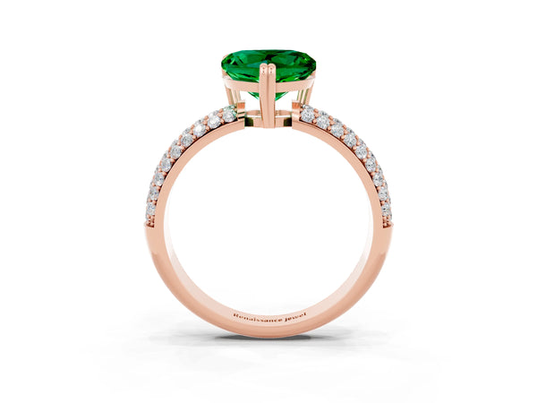 Rose gold Heart Cut Emerald Solitaire Ring with Multi-Row Round Pavé Band and Prong Setting