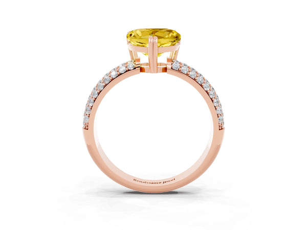 Rose gold Heart Cut Yellow Sapphire Solitaire Ring with Multi-Row Round Pavé Band and Prong Setting