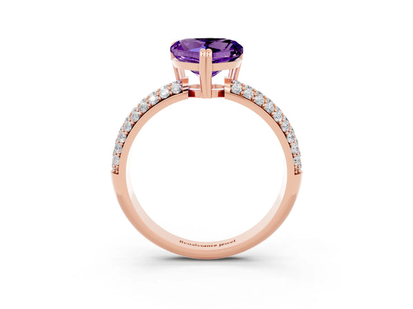 Rose gold Heart Cut Amethyst Solitaire Ring with Multi-Row Round Pavé Band and Prong Setting