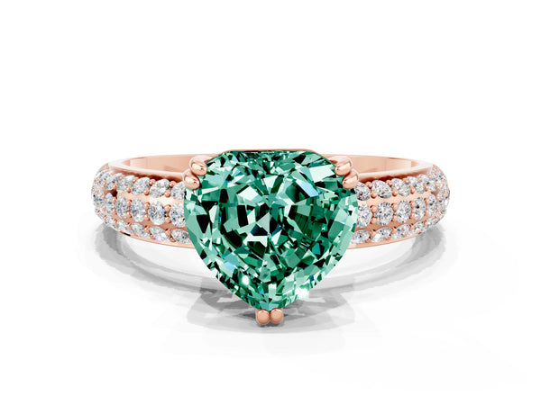 Rose gold Heart Cut Green Sapphire Solitaire Ring with Multi-Row Round Pavé Band and Prong Setting