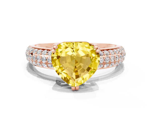 Rose gold Heart Cut Yellow Sapphire Solitaire Ring with Multi-Row Round Pavé Band and Prong Setting