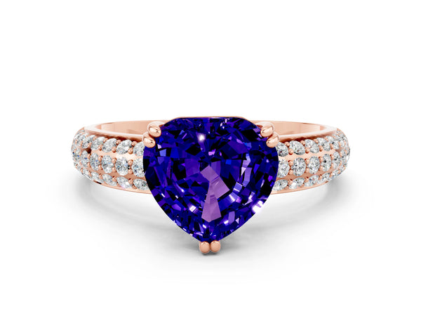 Rose gold Heart Cut Tanzanite Solitaire Ring with Multi-Row Round Pavé Band and Prong Setting