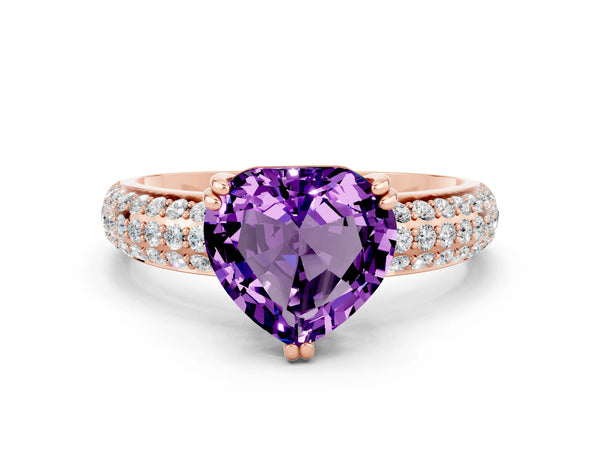 Rose gold Heart Cut Amethyst Solitaire Ring with Multi-Row Round Pavé Band and Prong Setting