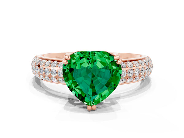 Rose gold Heart Cut Emerald Solitaire Ring with Multi-Row Round Pavé Band and Prong Setting
