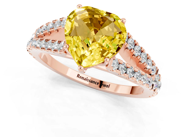 Rose gold Heart Cut Yellow Sapphire Split Shank Engagement Ring with Round Pavé and Prong Setting