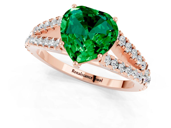 Rose gold Heart Cut Emerald Split Shank Engagement Ring with Round Pavé and Prong Setting