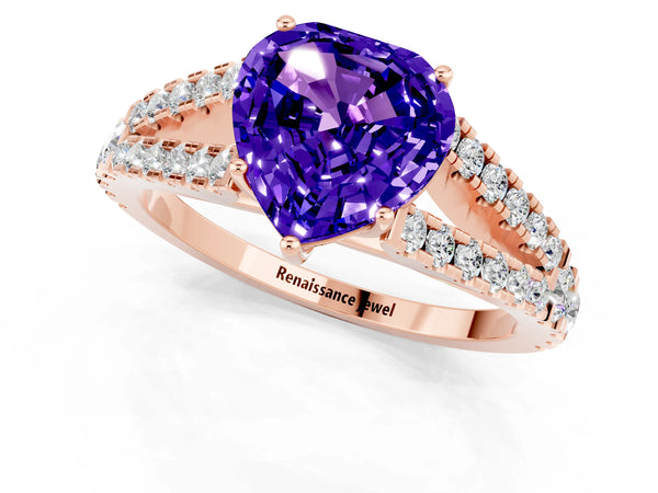 Rose gold Heart Cut Tanzanite Split Shank Engagement Ring with Round Pavé and Prong Setting