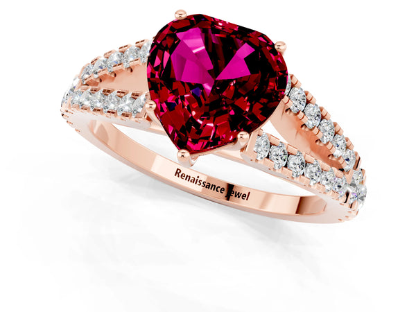 Rose gold Heart Cut Garnet Split Shank Engagement Ring with Round Pavé and Prong Setting