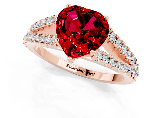 Rose gold Heart Cut Ruby Split Shank Engagement Ring with Round Pavé and Prong Setting
