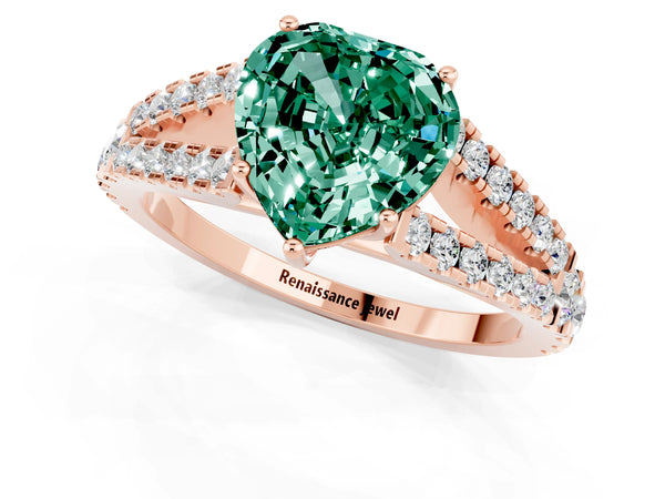 Rose gold Heart Cut Green Sapphire Split Shank Engagement Ring with Round Pavé and Prong Setting