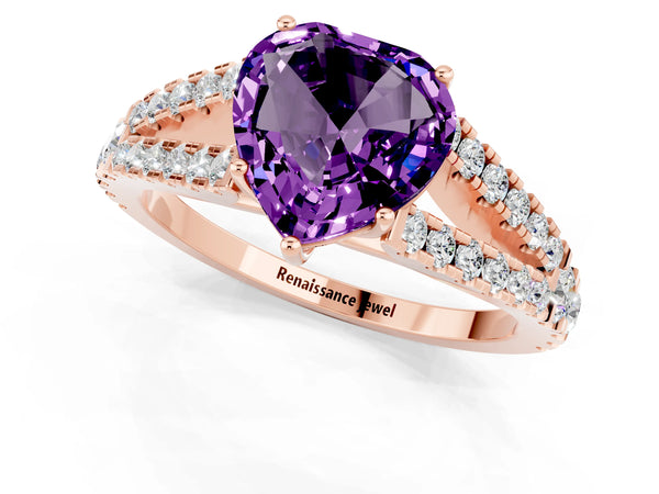 Rose gold Heart Cut Amethyst Split Shank Engagement Ring with Round Pavé and Prong Setting