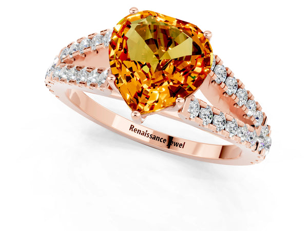 Rose gold Heart Cut Citrine Split Shank Engagement Ring with Round Pavé and Prong Setting