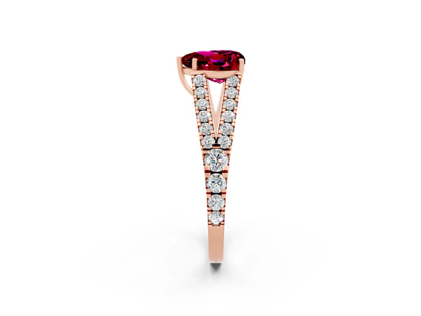 Rose gold Heart Cut Garnet Split Shank Engagement Ring with Round Pavé and Prong Setting