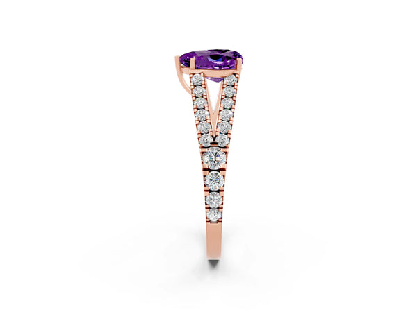 Rose gold Heart Cut Amethyst Split Shank Engagement Ring with Round Pavé and Prong Setting
