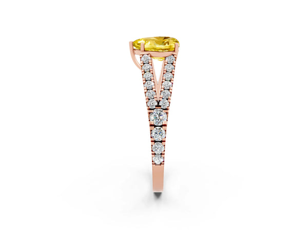 Rose gold Heart Cut Yellow Sapphire Split Shank Engagement Ring with Round Pavé and Prong Setting