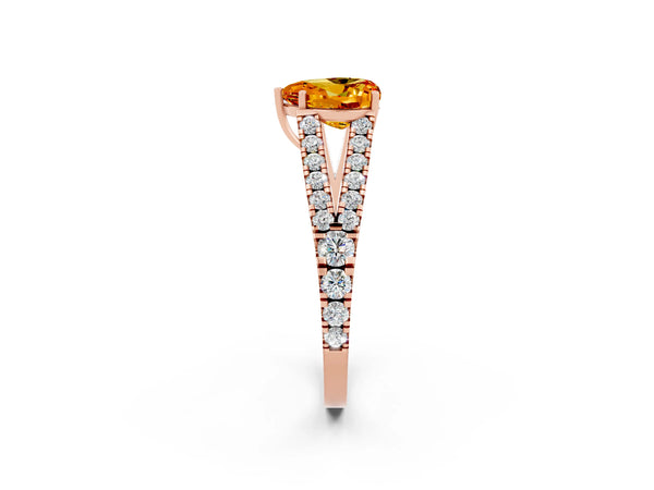 Rose gold Heart Cut Citrine Split Shank Engagement Ring with Round Pavé and Prong Setting