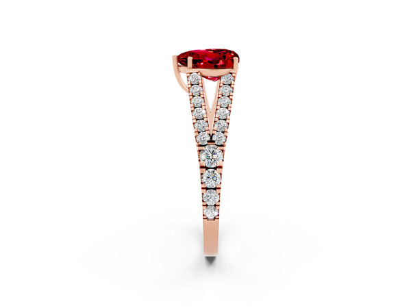 Rose gold Heart Cut Ruby Split Shank Engagement Ring with Round Pavé and Prong Setting