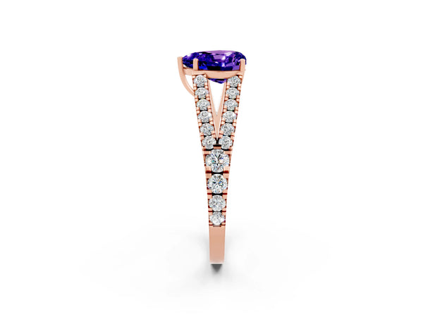 Rose gold Heart Cut Tanzanite Split Shank Engagement Ring with Round Pavé and Prong Setting