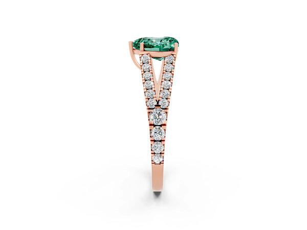 Rose gold Heart Cut Green Sapphire Split Shank Engagement Ring with Round Pavé and Prong Setting