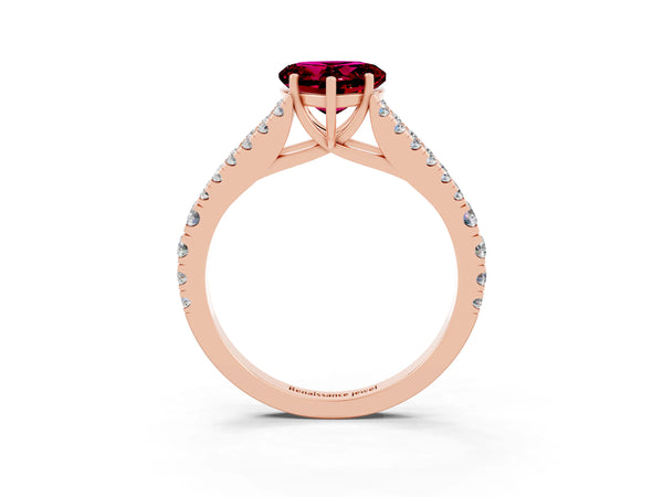 Rose gold Heart Cut Garnet Split Shank Engagement Ring with Round Pavé and Prong Setting