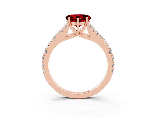 Rose gold Heart Cut Ruby Split Shank Engagement Ring with Round Pavé and Prong Setting