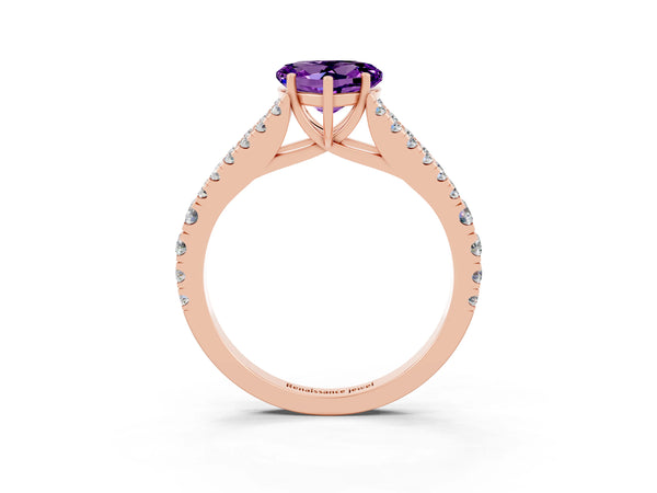 Rose gold Heart Cut Amethyst Split Shank Engagement Ring with Round Pavé and Prong Setting