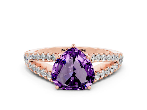 Rose gold Heart Cut Amethyst Split Shank Engagement Ring with Round Pavé and Prong Setting