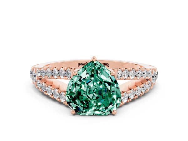 Rose gold Heart Cut Green Sapphire Split Shank Engagement Ring with Round Pavé and Prong Setting