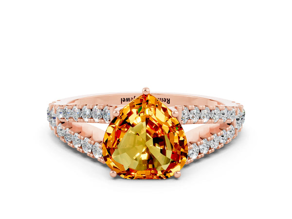 Rose gold Heart Cut Citrine Split Shank Engagement Ring with Round Pavé and Prong Setting