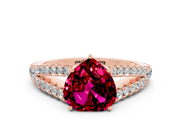 Rose gold Heart Cut Garnet Split Shank Engagement Ring with Round Pavé and Prong Setting