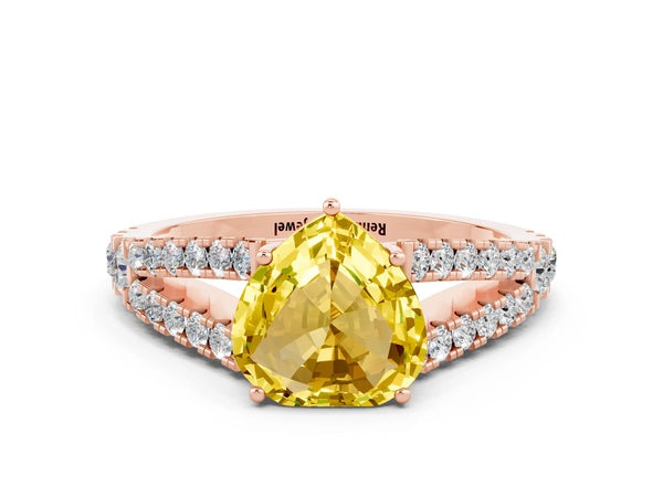 Rose gold Heart Cut Yellow Sapphire Split Shank Engagement Ring with Round Pavé and Prong Setting