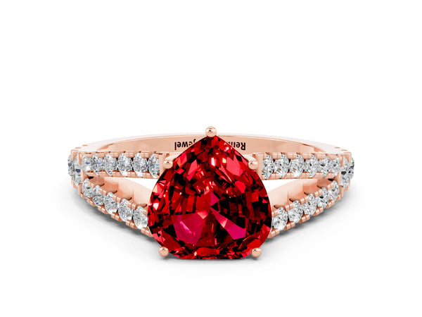 Rose gold Heart Cut Ruby Split Shank Engagement Ring with Round Pavé and Prong Setting