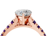 Rose gold Heart Cut Diamond Cathedral Solitaire Ring with Round with Amethyst side stone Pavé Band_16