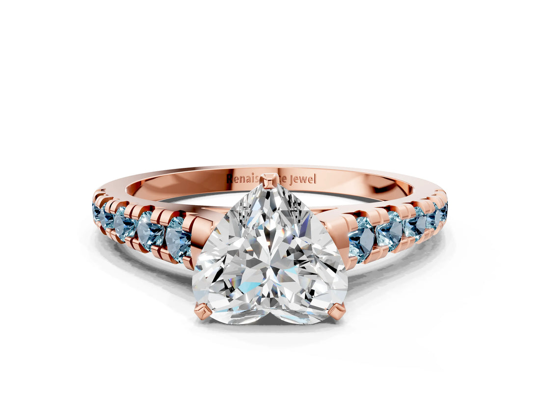 Rose gold Heart Cut Diamond Cathedral Solitaire Ring with Round with Aquamarine side stone Pavé Band_12