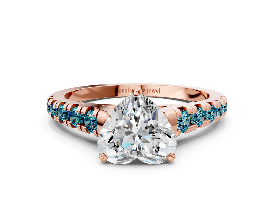 Rose gold Heart Cut Diamond Cathedral Solitaire Ring with Round with Blue Topaz side stone Pavé Band