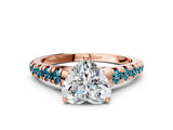 Rose gold Heart Cut Diamond Cathedral Solitaire Ring with Round with Blue Topaz side stone Pavé Band