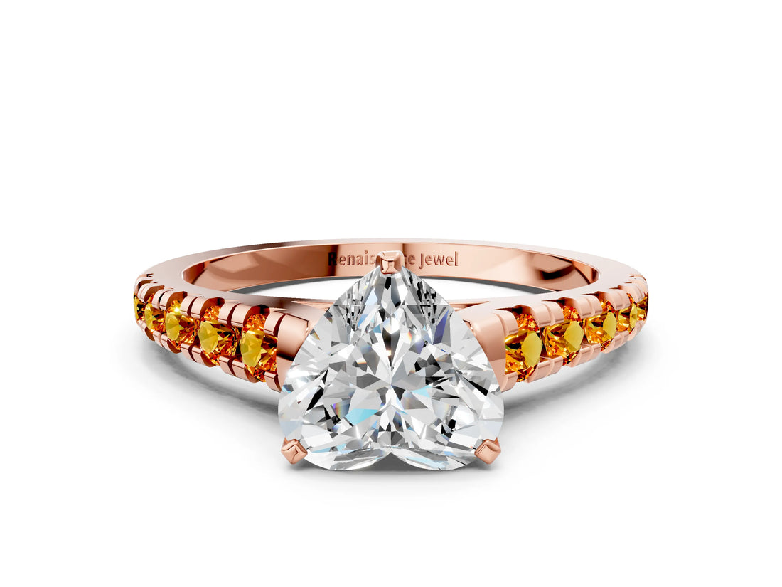 Rose gold Heart Cut Diamond Cathedral Solitaire Ring with Round with Citrine side stone Pavé Band_24