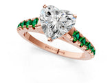 Rose gold Heart Cut Diamond Cathedral Solitaire Ring with Round with Emerald side stone Pavé Band_1