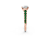 Rose gold Heart Cut Diamond Cathedral Solitaire Ring with Round with Emerald side stone Pavé Band_2