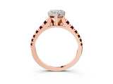 Rose gold Heart Cut Diamond Cathedral Solitaire Ring with Round with Garnet side stone Pavé Band_15