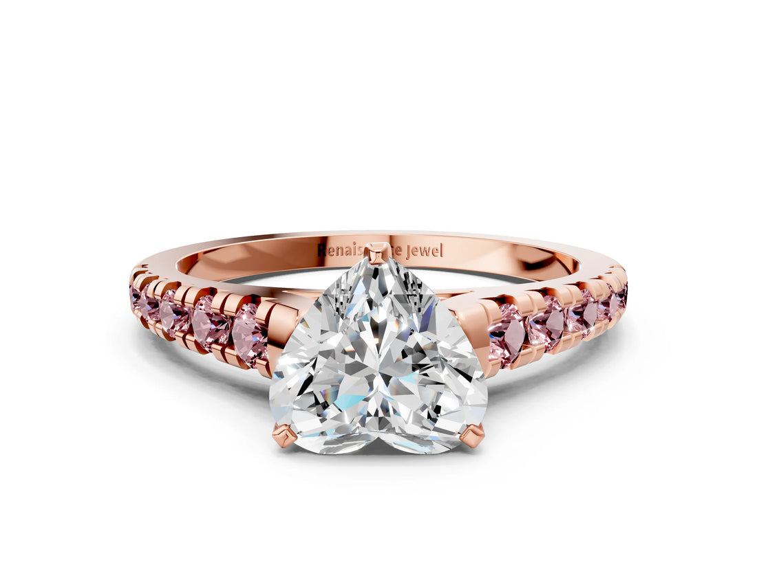 Rose gold Heart Cut Diamond Cathedral Solitaire Ring with Round with Morganite side stone Pavé Band_12