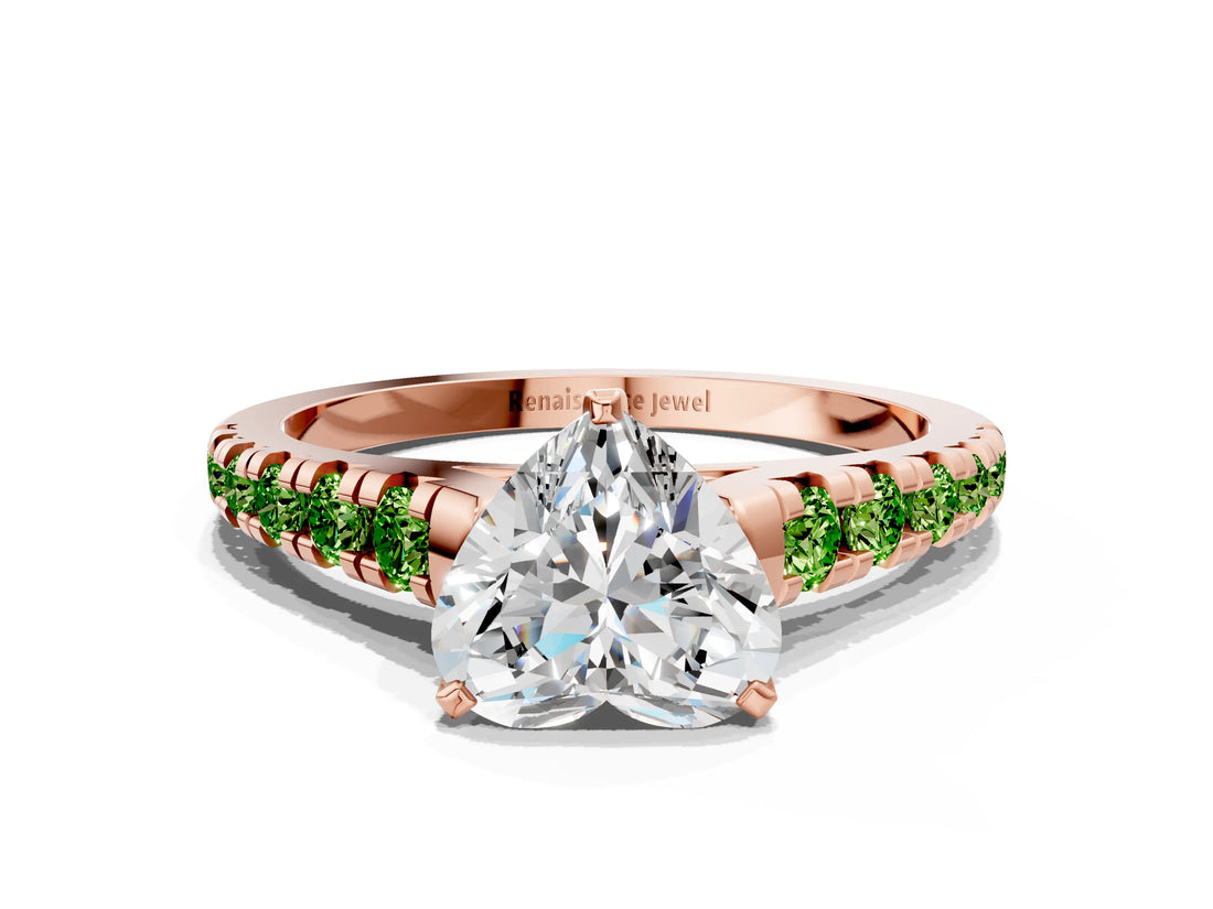 Rose gold Heart Cut Diamond Cathedral Solitaire Ring with Round with Peridot side stone Pavé Band