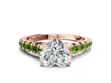 Rose gold Heart Cut Diamond Cathedral Solitaire Ring with Round with Peridot side stone Pavé Band