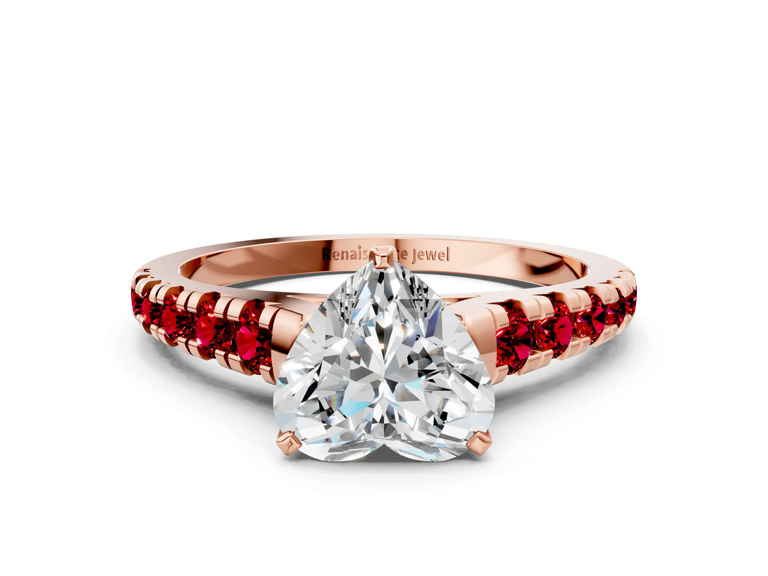 Rose gold Heart Cut Diamond Cathedral Solitaire Ring with Round with Ruby side stone Pavé Band_24