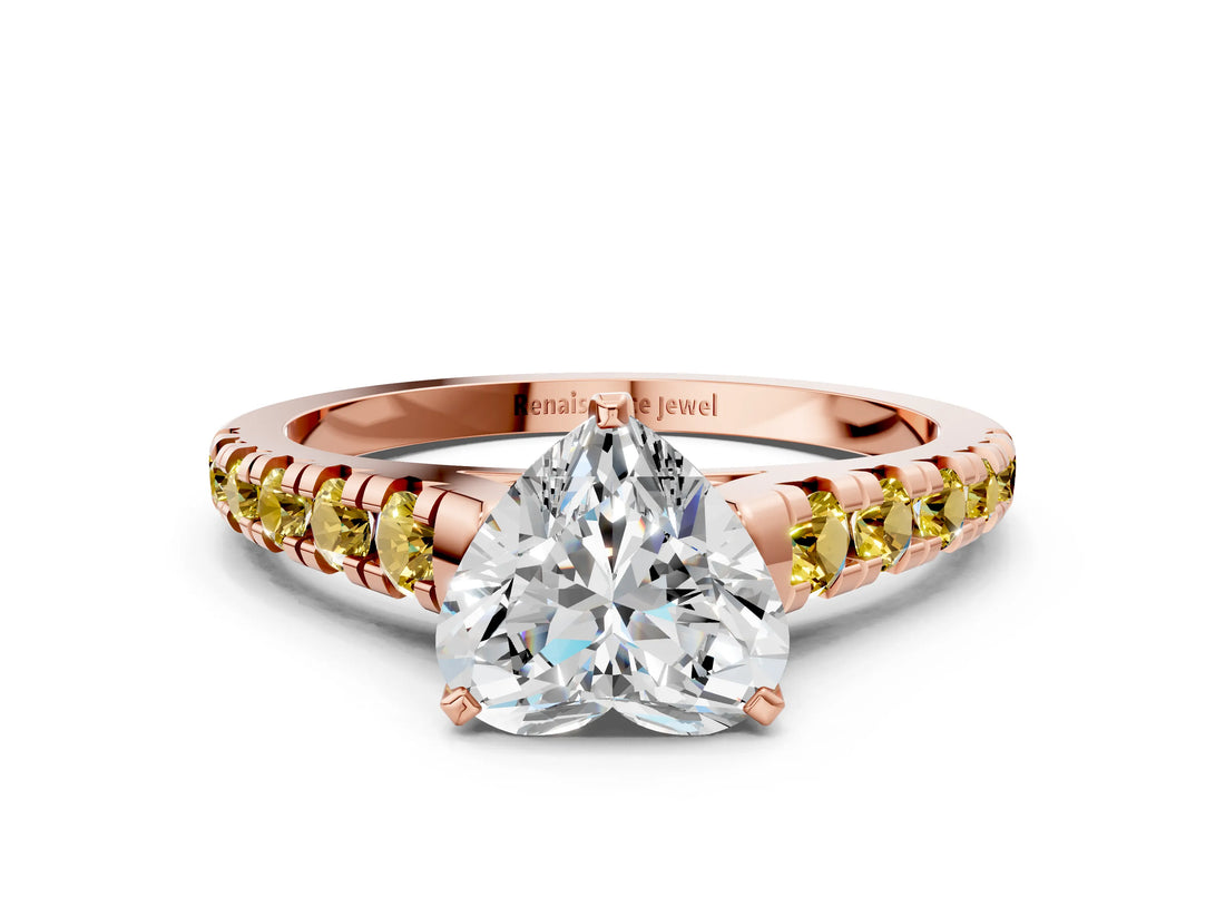 Rose gold Heart Cut Diamond Cathedral Solitaire Ring with Round with Yellow Sapphire side stone Pavé Band_55