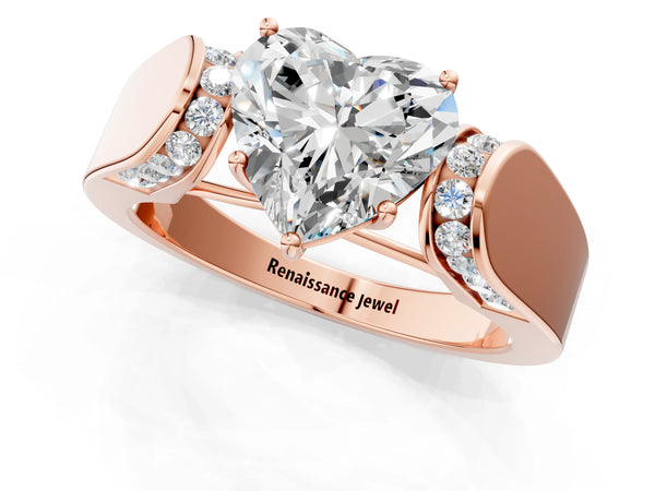 Rose Gold Heart-Shaped Channel Set Engagement Ring Setting with Accented Shoulders on Wide Band