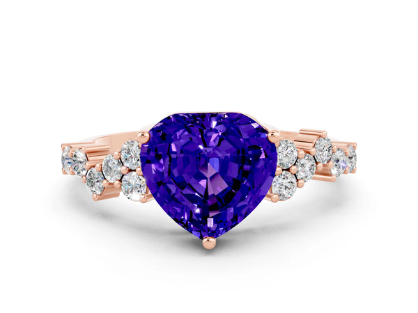 Rose gold Heart Cut Tanzanite Scattered Round Accent Ring with Prong Setting