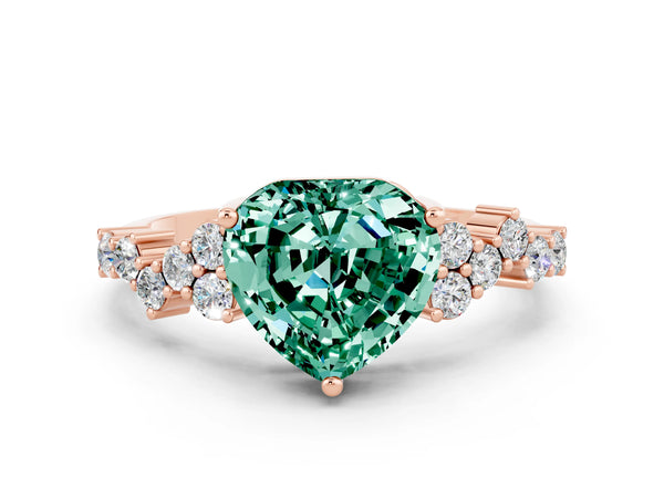 Rose gold Heart Cut Green Sapphire Scattered Round Accent Ring with Prong Setting