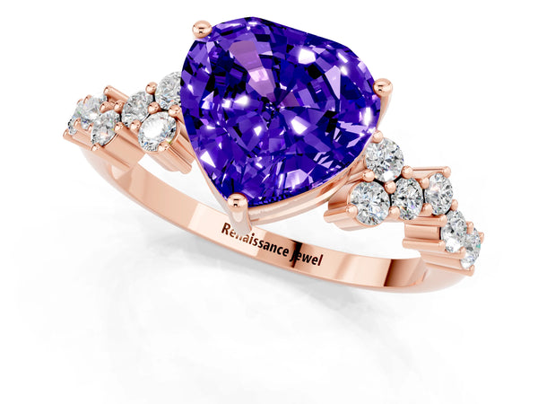 Rose gold Heart Cut Tanzanite Scattered Round Accent Ring with Prong Setting
