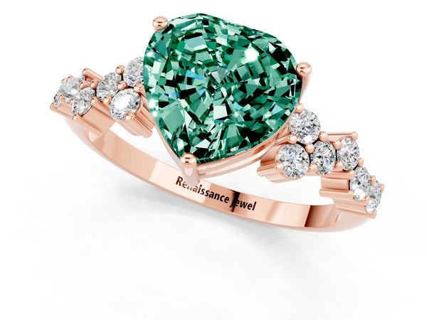 Rose gold Heart Cut Green Sapphire Scattered Round Accent Ring with Prong Setting